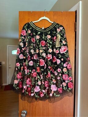 Black A-Line Skirt with Pink and Red Floral Embroidery